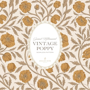 Grand Millennial Vintage Mohnblumen-Nahtlosmuster | Handgezeichnetes Heritage-Oberflächenmuster | Gelbgold