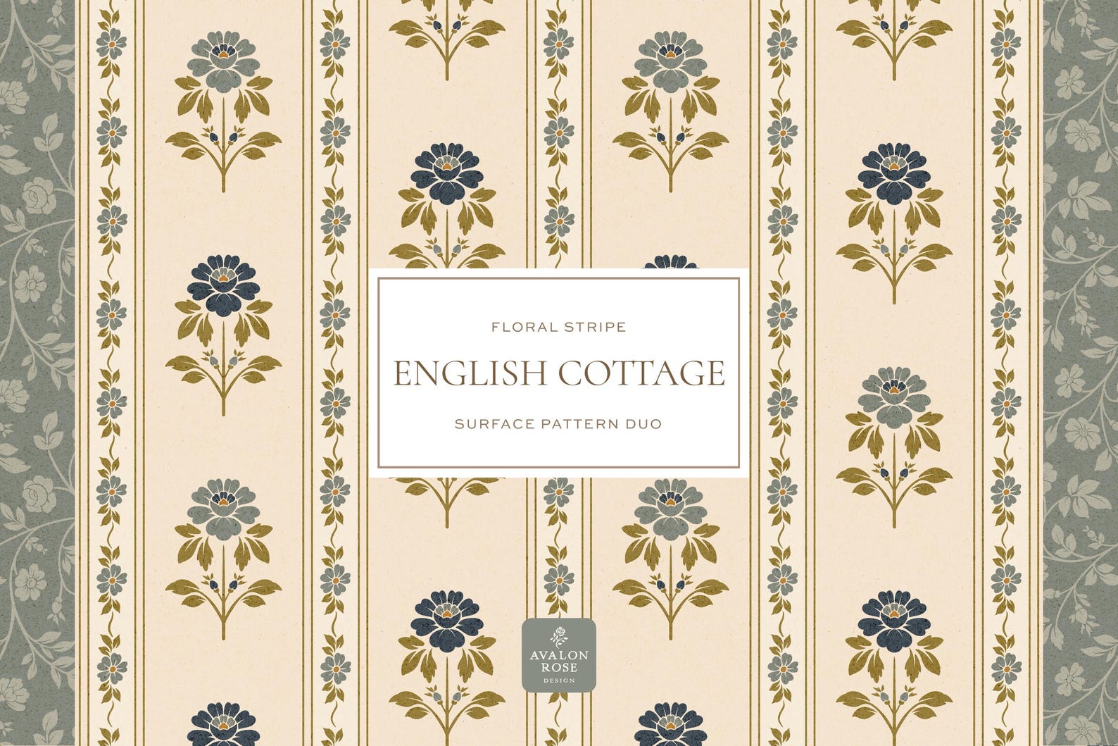 English Cottage Floral Stripe Seamless Pattern Duo - Blue - Hand-drawn ...