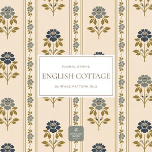May include: Floral stripe pattern duo featuring a repeating floral design with blue and gold accents on a cream background. The text "ENGLISH COTTAGE" is displayed in a white rectangle. The pattern includes vertical stripes and floral borders.