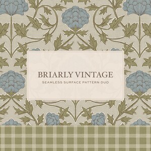 Pode incluir: Um duo de padrões de superfície sem costura com um design floral. Apresenta flores azuis e folhas verdes sobre um fundo bege claro. O texto "BRIARLY VINTAGE" é exibido em uma moldura retangular. Um padrão xadrez verde e bege na parte inferior.