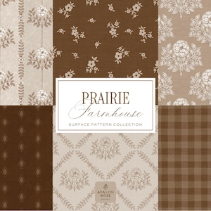 以下が含まれることがあります： 茶色とベージュの色合いの6つの生地パターンのコレクション。パターンには、花のモチーフ、ひし形、格子縞模様が含まれています。「PRAIRIE Farmhouse SURFACE PATTERN COLLECTION」というテキストが白い長方形で表示されています。