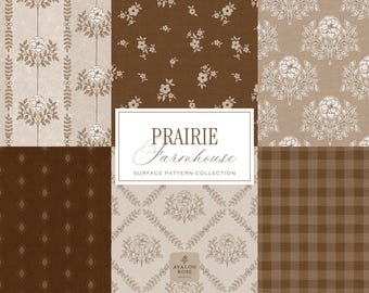 May include: A collection of six fabric patterns in shades of brown and beige. The patterns include floral designs, diamond shapes, and a plaid pattern. The text "PRAIRIE Farmhouse SURFACE PATTERN COLLECTION" is displayed in a white rectangle.