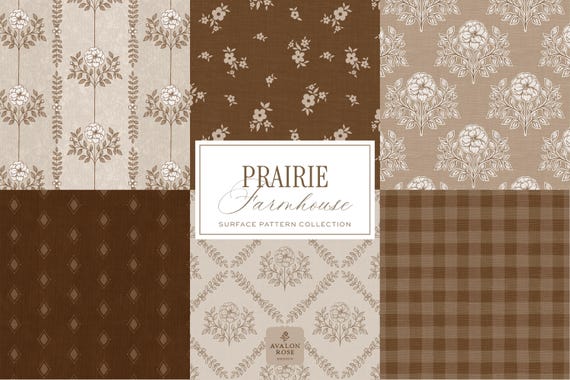 Prairie Farmhouse Floral Stripe and Gingham Surface Pattern Collection – Hand-Drawn Brown Beige Digital Patterns