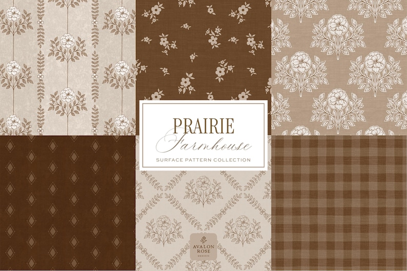 Prairie Farmhouse Surface Pattern Collection featuring brown and beige hand drawn floral surface patterns