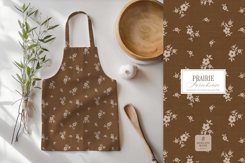 Prairie Farmhouse Surface Pattern Collection featuring brown and beige hand drawn floral surface pattern on an apron