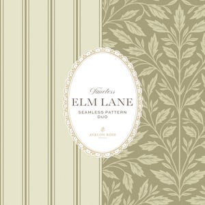 May include: A seamless pattern duo featuring a light beige background with vertical brown stripes on the left and a sage green background with a symmetrical white leaf and vine botanical print on the right, centered with an oval label text.