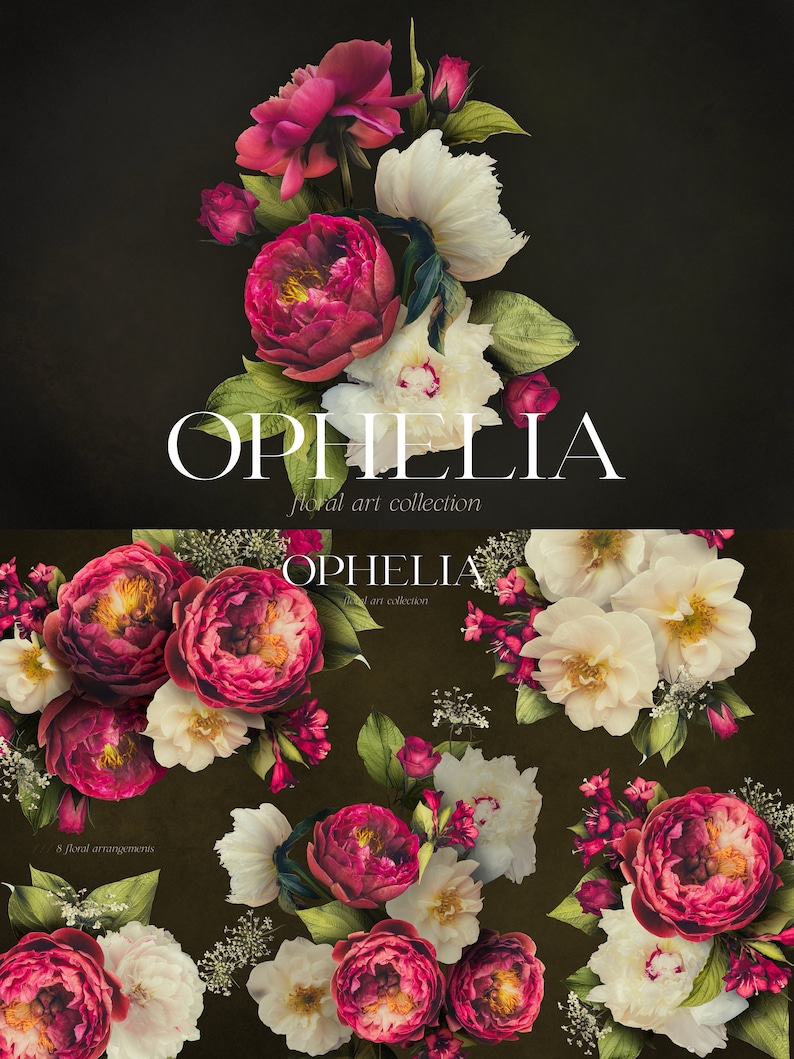 Ophelia Moody Floral Clip Art Bundle - Dark Botanical PNG Sammlung - Burgund Weiß - Kommerzielle Nutzung Bild 3