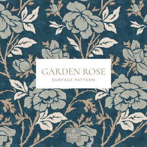 May include: A floral surface pattern featuring large, stylized roses in shades of blue-grey and white against a deep teal background. The design includes stems and leaves in beige tones. The text "GARDEN ROSE SURFACE PATTERN" is displayed.
