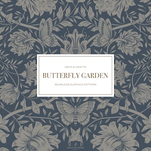 May include: A seamless surface pattern in a floral and butterfly design. The pattern features butterflies, bees, and flowers in shades of gray and white on a dark blue background. The text "BUTTERFLY GARDEN" is displayed in a white rectangle.