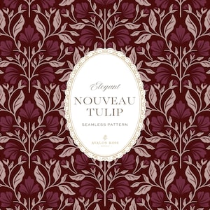 Può includere: Un motivo continuo con disegni floreali di tulipani in bordeaux scuro e rosa chiaro su sfondo marrone scuro. Al centro, un'etichetta ovale riporta il testo Elegant NOUVEAU TULIP SEAMLESS PATTERN e AVALON ROSE STUDIO in una cornice decorativa.