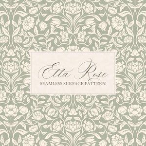 Puede incluir: Diseño de patrón de superficie sin costuras con un motivo floral repetido en crema y verde salvia. El diseño incluye rosas y follaje estilizados. El texto "Etta Rose" y "Seamless Surface Pattern" se muestra en un marco rectangular.