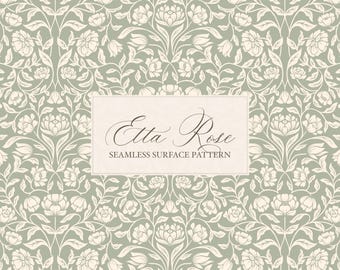 Vintage bloemen houtblok naadloos oppervlaktepatroon - Etta Rose - Handgetekende kunst en ambacht - Saliegroen