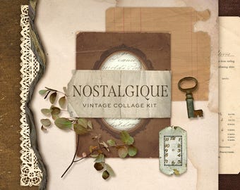 May include: A vintage collage kit with a nostalgic theme. The image features aged paper, a key, a clock face, and a sprig of leaves. The kit includes a banner with the word "NOSTALGIQUE" and the words "VINTAGE COLLAGE KIT". The color palette is primarily brown and beige.