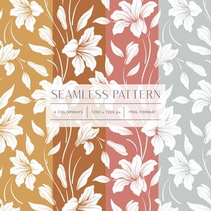 May include: Six seamless floral patterns in different colorways. The patterns feature white stylized flowers and leaves on a background of peach, brown, pink, gray, and black.
