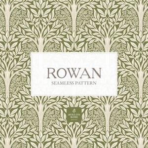 Puede incluir: Un patrón sin costuras con un diseño de árbol repetido en crema y verde oliva. El patrón incluye el texto "ROWAN SEAMLESS PATTERN" en una etiqueta rectangular. El logotipo de Avalon Rose está en la parte inferior.