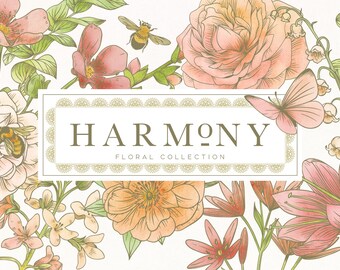 Harmony Watercolor Botanical Floral Collection Clip Art & Monogram Kit - Commercial Use