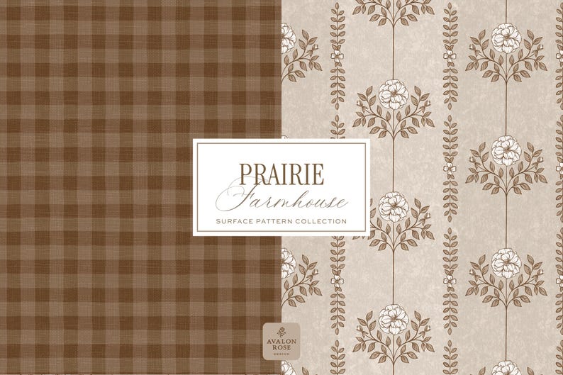 Prairie Farmhouse Surface Pattern Collection featuring brown and beige hand drawn floral surface patterns
