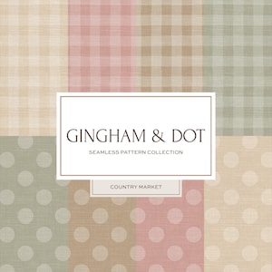 Pode incluir: Uma coleção de padrões sem costura intitulada "Gingham & Dot" com vários designs de tecido. A imagem mostra uma mistura de padrões xadrez e de bolinhas em cores pastel suaves, incluindo verde, rosa e azul. O texto "Country Market" também é visível.