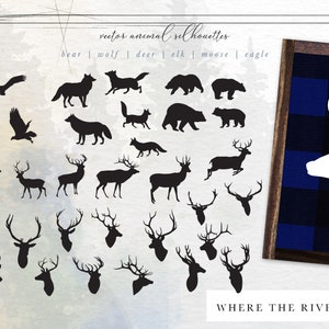 May include: A set of vector animal silhouettes, including bear, wolf, deer, elk, moose, and eagle. The silhouettes are in black and white and are perfect for use in crafts, design, and other projects. The image also includes a sign with the text "Where the River Falls".