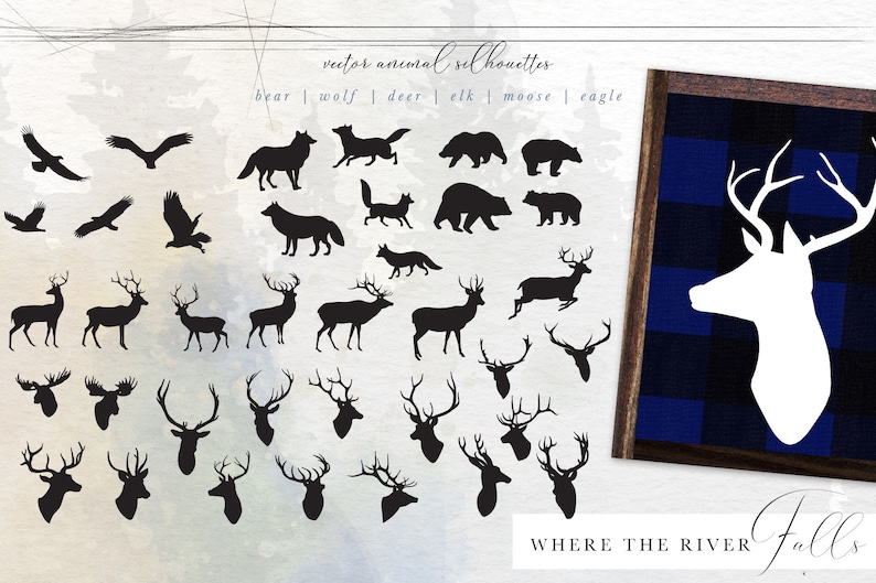 May include: A set of vector animal silhouettes, including bear, wolf, deer, elk, moose, and eagle. The silhouettes are in black and white and are perfect for use in crafts, design, and other projects. The image also includes a sign with the text "Where the River Falls".