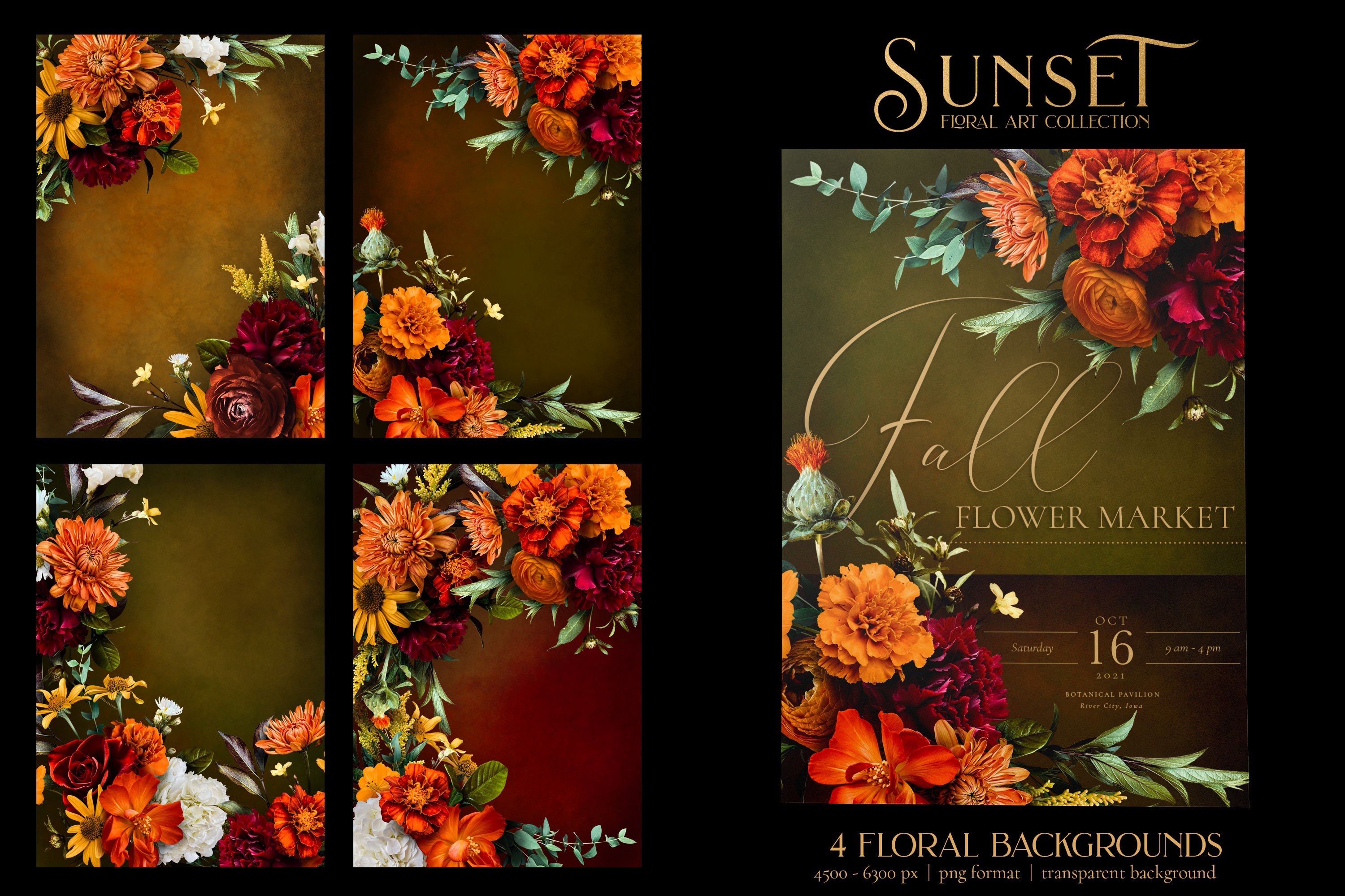 Sunset Autumn Orange Realistic Floral Clip Art & Pattern Graphics ...