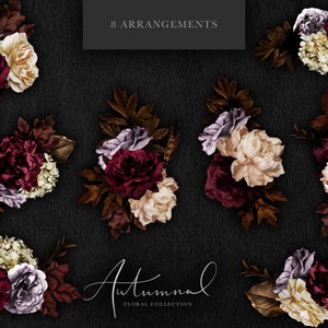 May include: Eight arrangements of burgundy, cream, and purple flowers with brown leaves on a black background. The text "Autumnal Floral Collection" is at the bottom of the image.