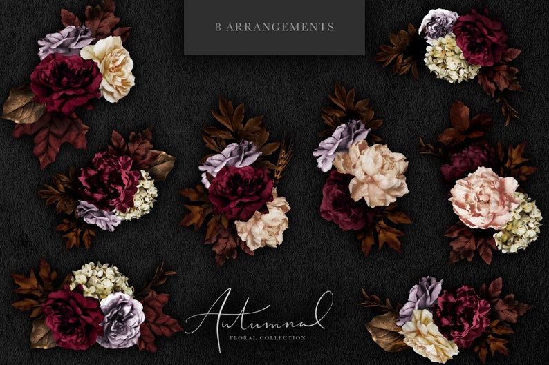 May include: Eight arrangements of burgundy, cream, and purple flowers with brown leaves on a black background. The text "Autumnal Floral Collection" is at the bottom of the image.