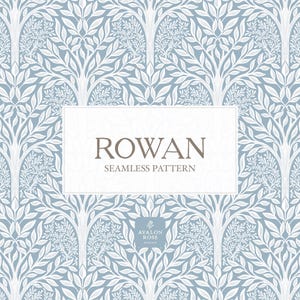 Könnte beinhalten: Nahtloses Muster mit stilisierten weißen Bäumen auf hellblauem Hintergrund. Der Text "ROWAN SEAMLESS PATTERN" wird in einem rechteckigen Rahmen angezeigt. Das Avalon Rose-Logo befindet sich unten.
