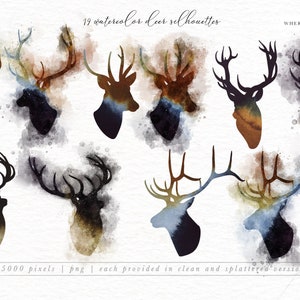 May include: Nineteen watercolor deer silhouettes in various shades of brown, blue, and gray. The silhouettes are set against a white background with watercolor splatters. The text "19 watercolor deer silhouettes" and "WHERE THE RIVER FALLS" is at the top of the image. The text "4000-5000 pixels | png | each provided in clean and splattered versions" is at the bottom of the image.