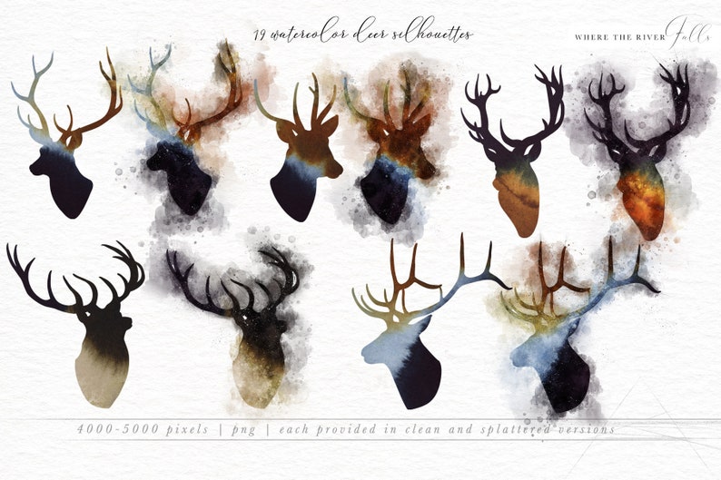 May include: Nineteen watercolor deer silhouettes in various shades of brown, blue, and gray. The silhouettes are set against a white background with watercolor splatters. The text "19 watercolor deer silhouettes" and "WHERE THE RIVER FALLS" is at the top of the image. The text "4000-5000 pixels | png | each provided in clean and splattered versions" is at the bottom of the image.