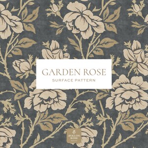 May include: A floral surface pattern featuring large cream-colored roses and smaller buds against a dark blue background. The design includes tan stems and leaves. The text "GARDEN ROSE SURFACE PATTERN" is displayed in a white rectangle.