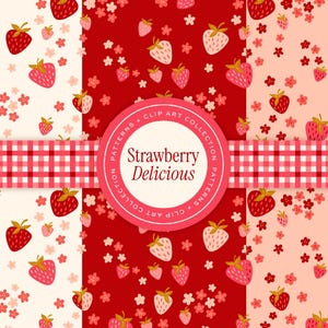 May include: A collection of strawberry-themed patterns. The designs feature red strawberries and small pink flowers scattered on white, red, and pink backgrounds. A red and white checkered ribbon and a circular label with the text "Strawberry Delicious" are also present.