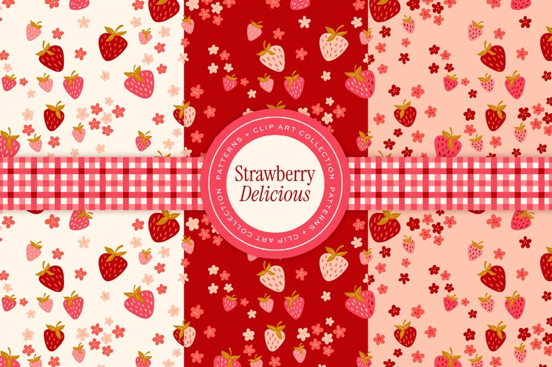 May include: A collection of strawberry-themed patterns. The designs feature red strawberries and small pink flowers scattered on white, red, and pink backgrounds. A red and white checkered ribbon and a circular label with the text "Strawberry Delicious" are also present.
