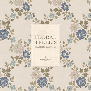 May include: A seamless pattern featuring a floral trellis design with blue and beige flowers and green leaves on a light cream background. A central rectangular label displays the text: FLORAL TRELLIS SEAMLESS PATTERN AVALON ROSE DESIGN.