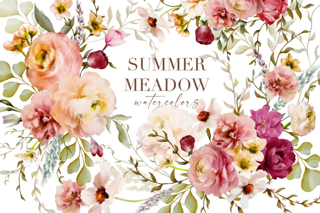 Summer Meadow Watercolor Floral Clip Art & Pattern Graphics Collection ...