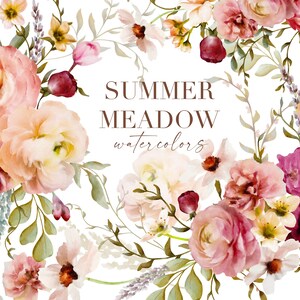 Summer Meadow Watercolor Floral Clip Art & Pattern Graphics Collection - Uso comercial - gráficos digitais