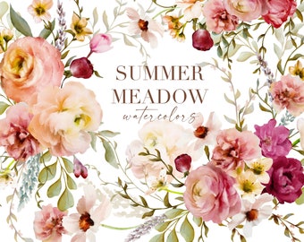 Summer Meadow Watercolor Floral Clip Art & Pattern Graphics Collection - Commercial Use - digital graphics