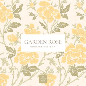 May include: A floral surface pattern featuring large yellow roses and green leaves on a cream background. The design includes the text "GARDEN ROSE SURFACE PATTERN" in a white rectangle. The Avalon Rose logo is also visible.