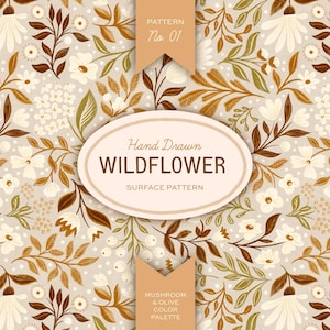 Puede incluir: Un patrón floral de superficie con un fondo neutro. El diseño presenta flores silvestres dibujadas a mano en crema, marrón y verde oliva. El texto dice "Hand Drawn WILDFLOWER SURFACE PATTERN" y "MUSHROOM & OLIVE COLOR PALETTE".