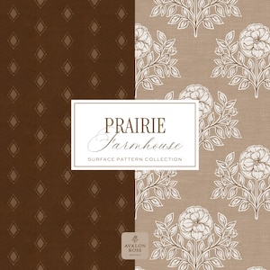 Prairie Farmhouse Surface Pattern Collection featuring brown and beige hand drawn floral surface patterns
