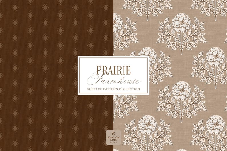 Prairie Farmhouse Surface Pattern Collection featuring brown and beige hand drawn floral surface patterns