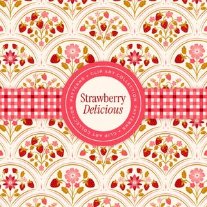 May include: A repeating pattern featuring strawberries, flowers, and foliage in a cream, gold, and pink color palette. The design is arranged in a fan-like pattern with a red and white gingham ribbon and a circular label that reads "Strawberry Delicious."