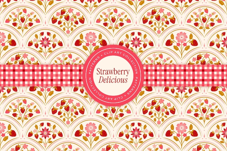 May include: A repeating pattern featuring strawberries, flowers, and foliage in a cream, gold, and pink color palette. The design is arranged in a fan-like pattern with a red and white gingham ribbon and a circular label that reads "Strawberry Delicious."