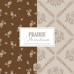 Prairie Farmhouse Surface Pattern Collection featuring brown and beige hand drawn floral surface patterns