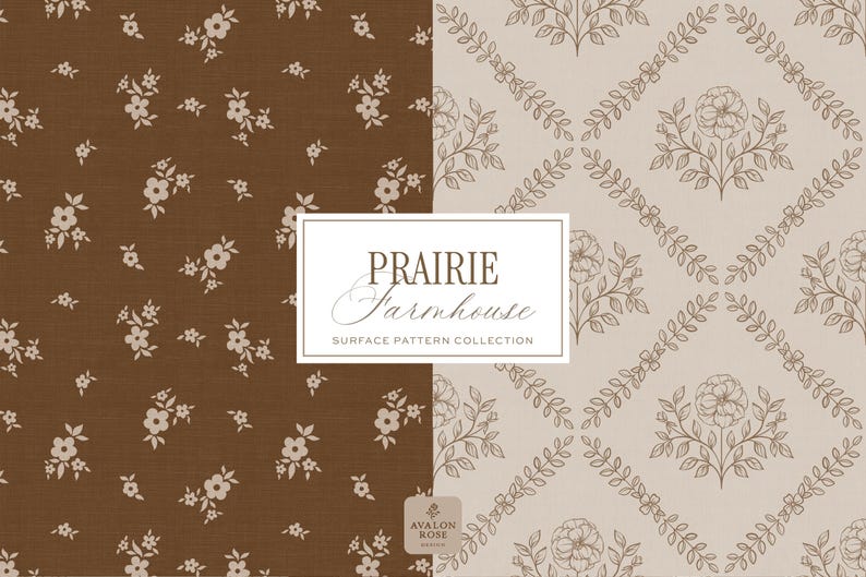 Prairie Farmhouse Surface Pattern Collection featuring brown and beige hand drawn floral surface patterns