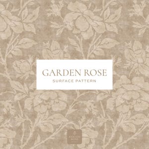 May include: A beige surface pattern featuring a repeating floral design of roses and foliage. The image includes the text "GARDEN ROSE SURFACE PATTERN" in a white rectangular box. The Avalon Rose logo is in the bottom right corner.