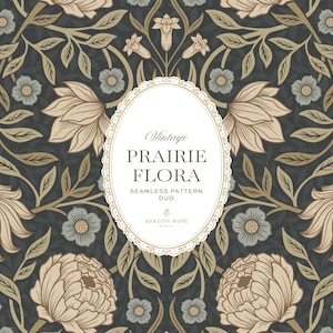 May include: A seamless pattern featuring beige and muted blue flowers and foliage on a dark charcoal background. Centered is an oval frame with the text Vintage PRAIRIE FLORA SEAMLESS PATTERN DUO and the brand name AVALON ROSE DESIGN.