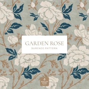 May include: A floral surface pattern featuring large white roses, navy blue leaves, and brown stems against a muted green backdrop. The design includes the text "GARDEN ROSE SURFACE PATTERN".