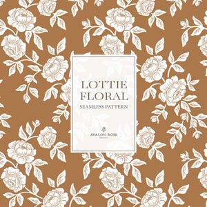 May include: A seamless pattern featuring white line-art floral illustrations of roses and leaves set against a solid terracotta background. A central white rectangular label displays the text LOTTIE FLORAL SEAMLESS PATTERN AVALON ROSE DESIGN.