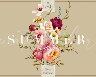 Summer Meadow Watercolor Floral Clip Art Bouquets and Arrangements - Commercial Use - digital graphics